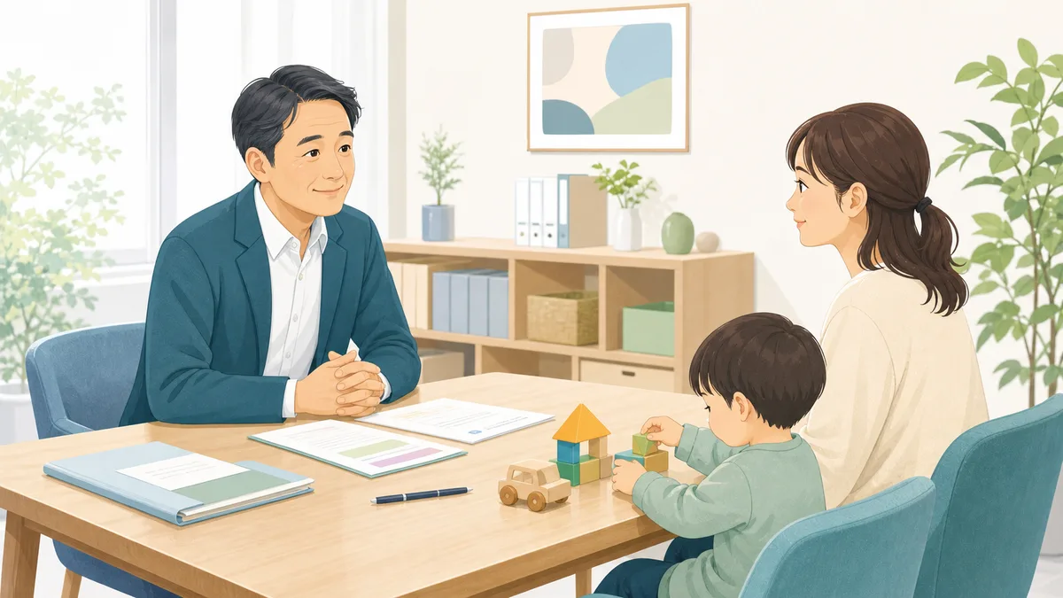 障害児支援利用計画の面談をする相談支援専門員と親子