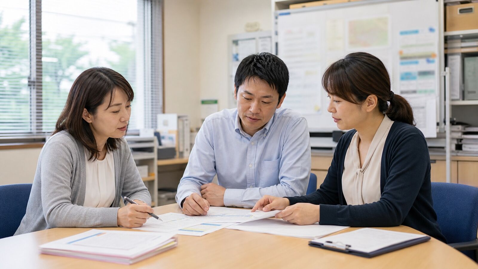 相談支援事業所の職員が運営について話し合う様子(イメージ)